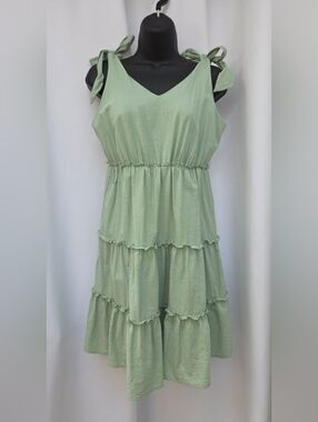 Sleeveless Tie-Shoulder Tiered Midi Dress in Sage - Zesica Size Small